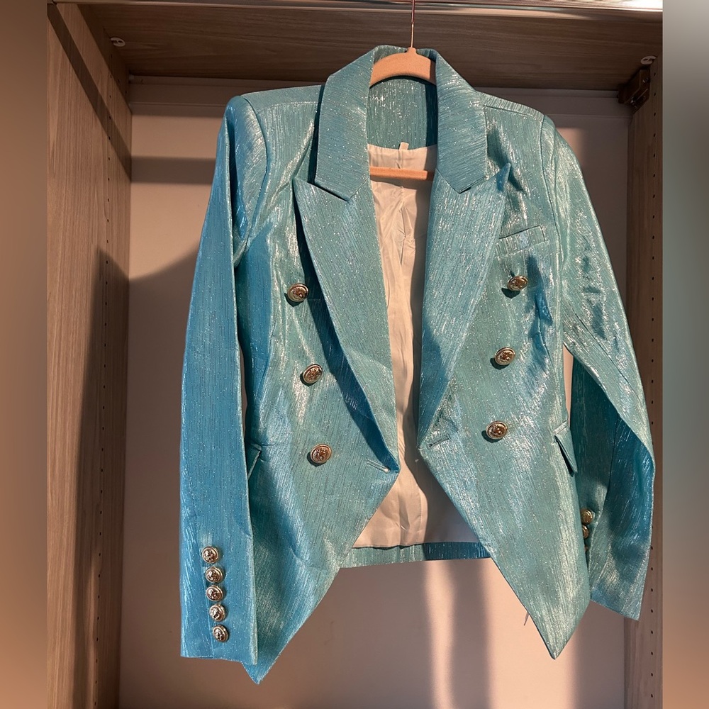 Turquoise Balmain inspired blazer